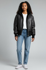 Vintage Baby Phat Leather Bomber Jacket Faux Fur Hood Y2K Cat Logo Black Medium