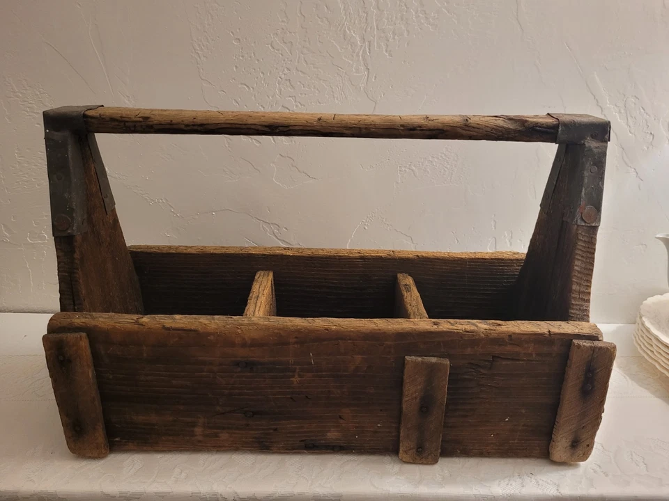 Antique Primitive Solid Wood Tool Chest Caddy Old Worn Handle - Image 2 of 4
