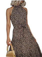 Leopard Print Tie Peplum Maxi Halter Boho Dress Womens Small 4/6 Elastic Waist