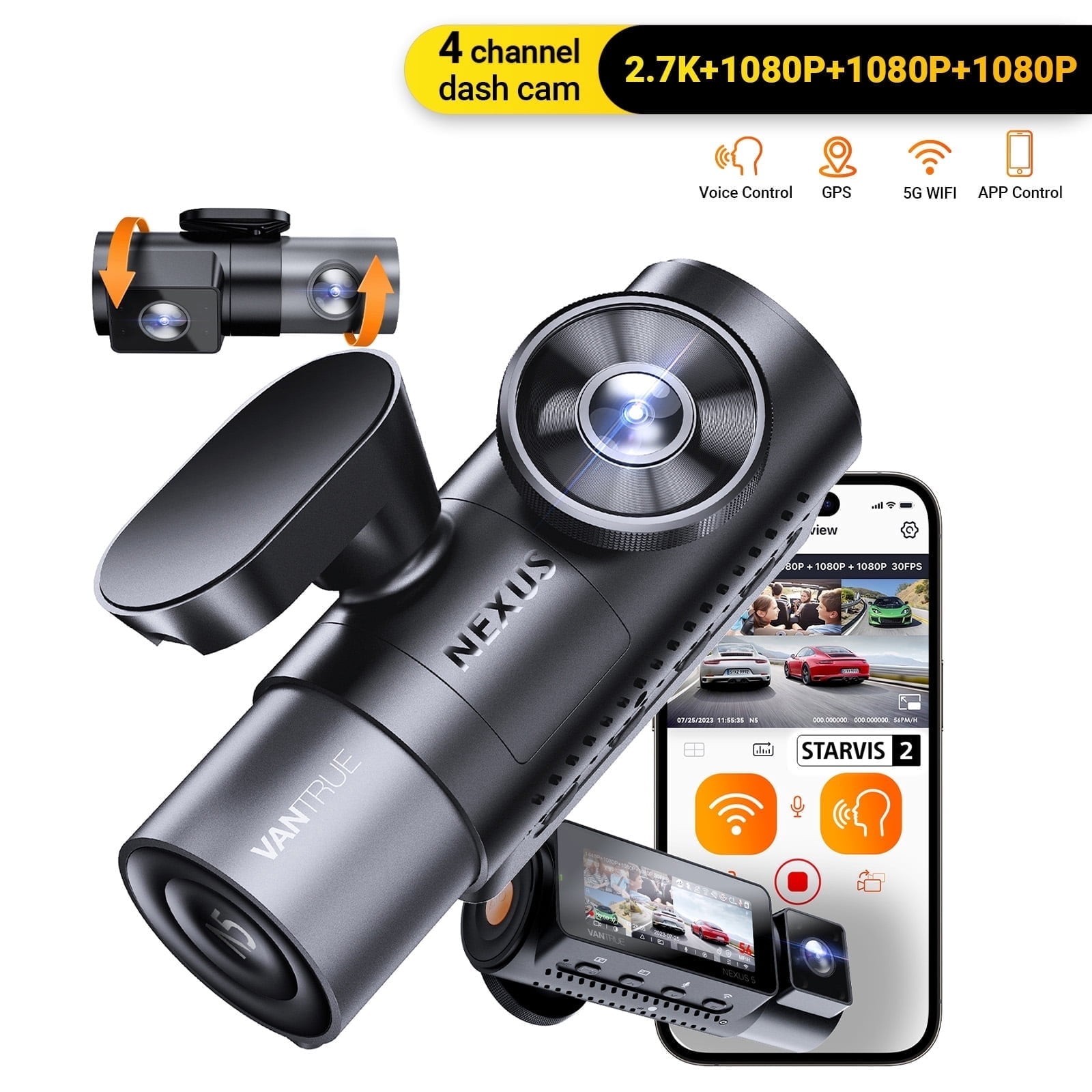 Vantrue N5 4Channel 360° Dash Cam STARVIS 2 IR Night Vision GPS 5G Voice Control