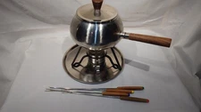 Vintage MCM Fondue Set 1960s Stainless Steel Japan Unused In Box Wood Handle