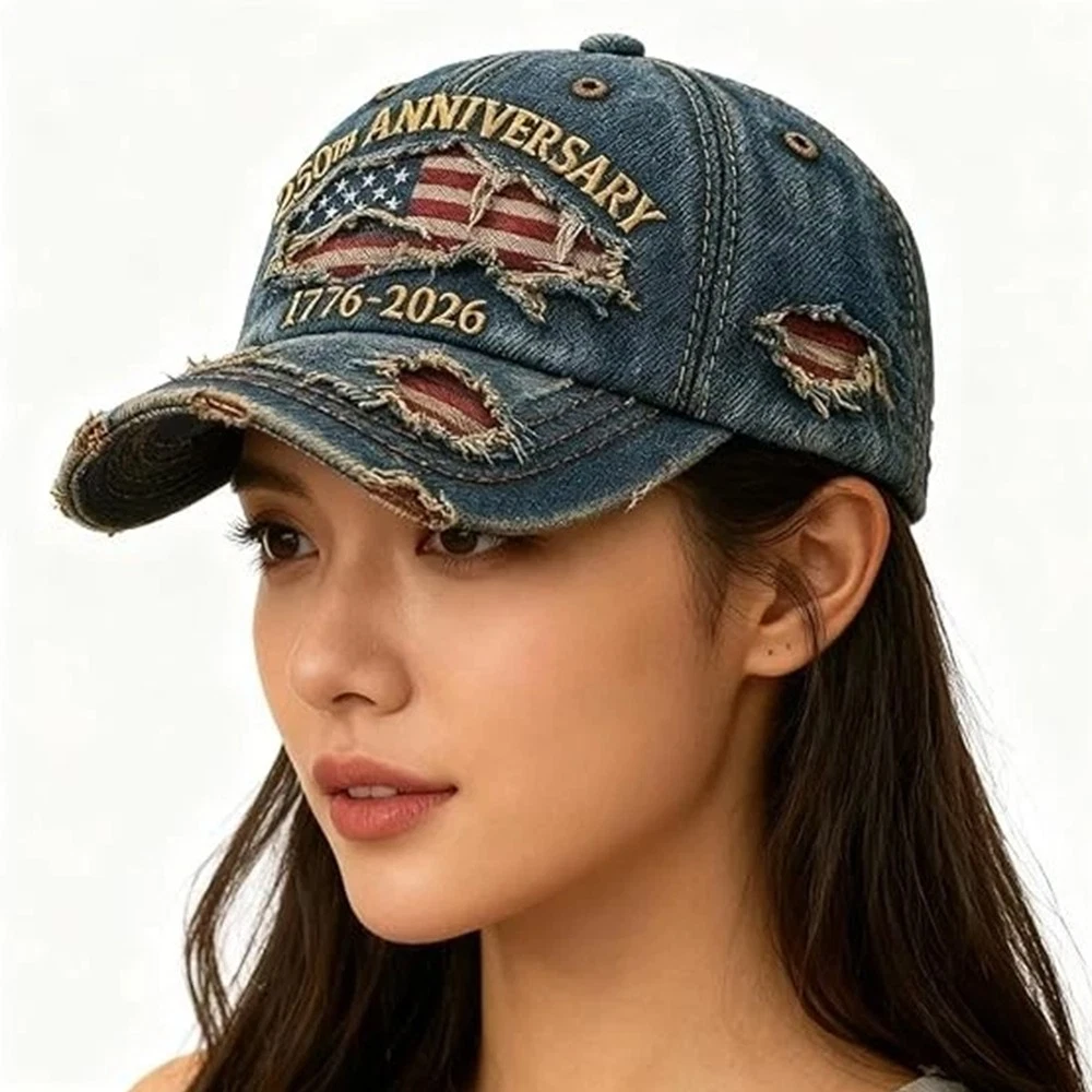 250th US Anniversary Patriotic Baseball Cap - Washed Denim Hat 1776-2026