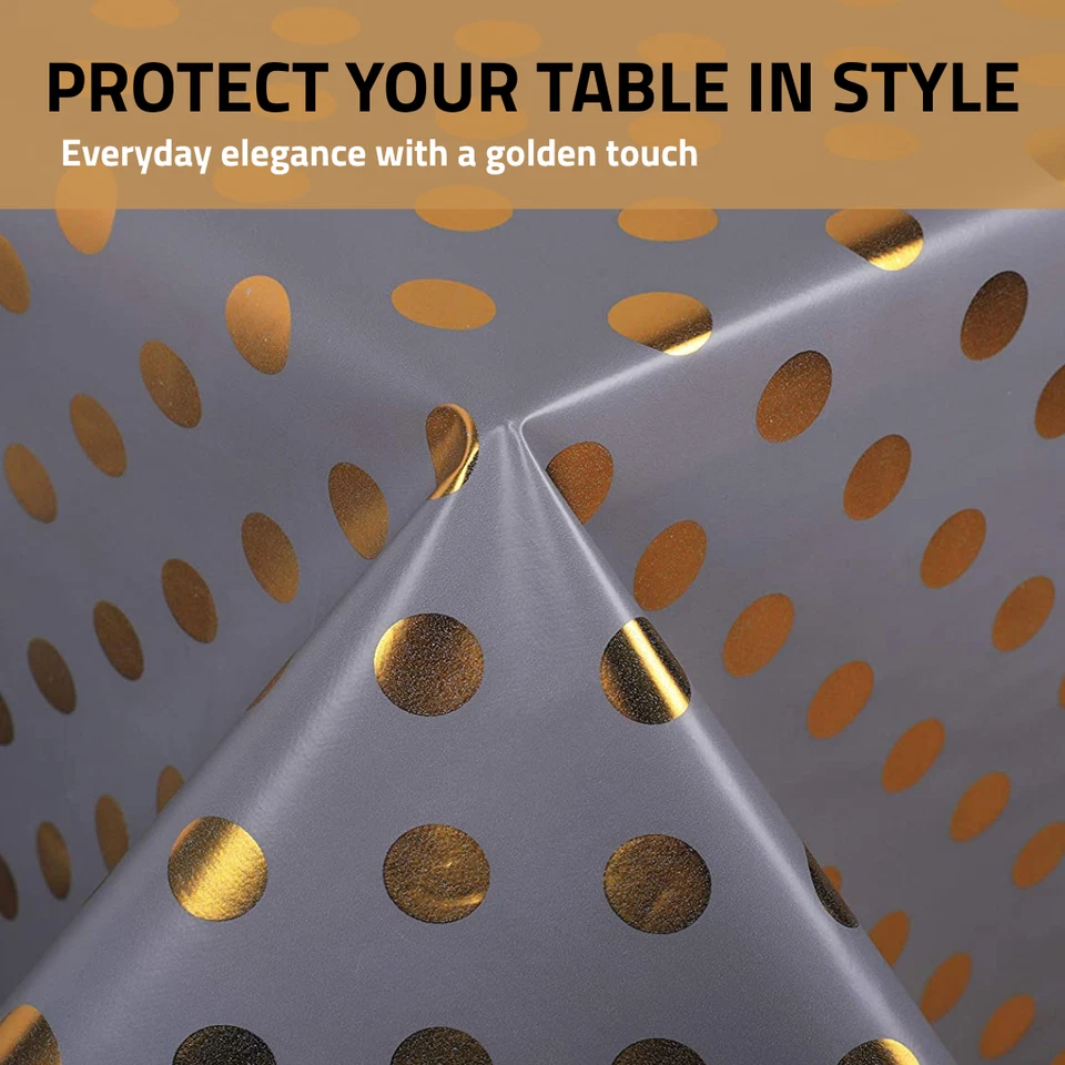 Wipe Clean Vinyl Tablecloth Rectangle Grey Polka Dot Wipeable Cover Waterproof - Image 4 of 4