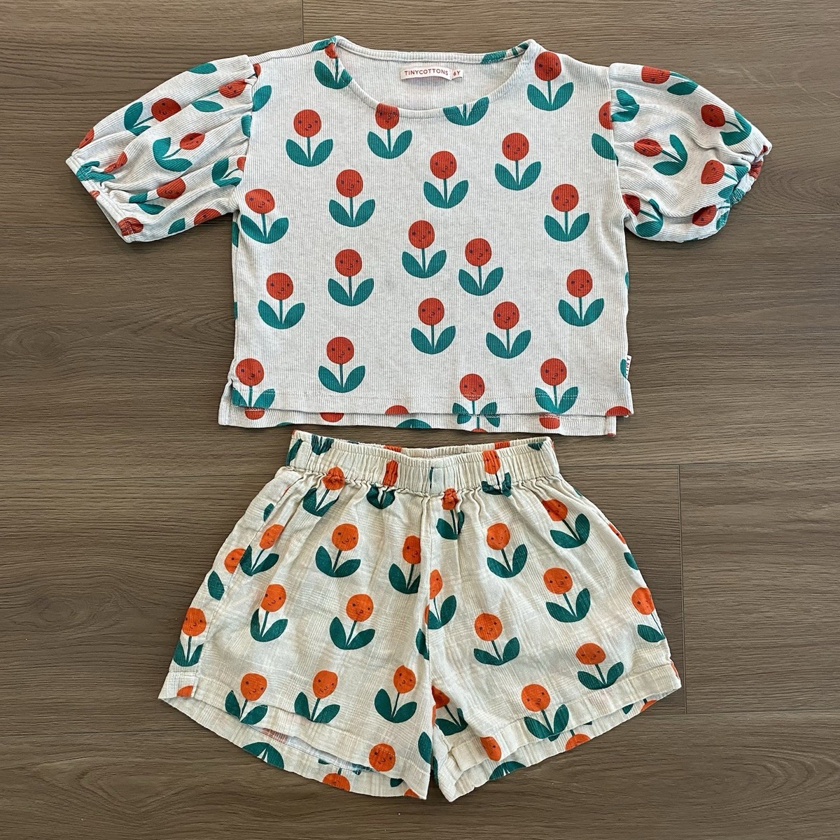 Tinycottons Orange Floral Puff Sleeve Top & Shorts Set Girl