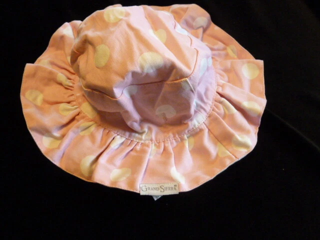 BABY TODDLER GIRL REVERSIBLE RUFFLE BUCKET SUN HAT PINK GRAY WHITE DOT 12-18 NEW - Image 2 of 3