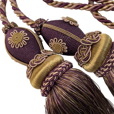 Large Curtain Tieback Fringe Tassel Hollywood Regency 11in Burgundy Gold Set u