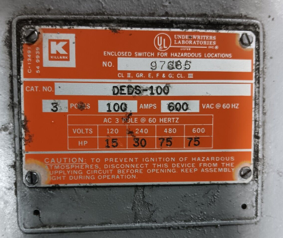 NEW KILLARK DEDS-100 EXPLOSION PROOF DISCONNECT 100 AMP 3 POLE 600 VAC