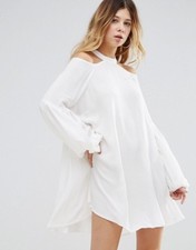Free People Drift Away Tunic Dress Sz Xs Cold Shoulder Ivory Puff Sleeve