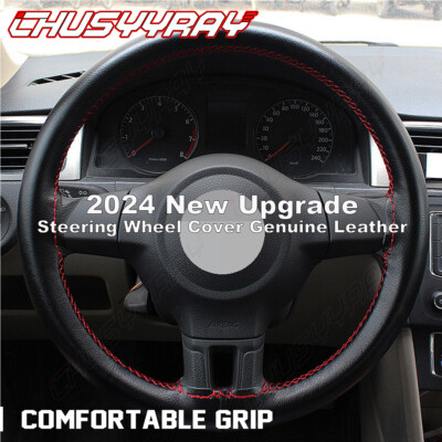 15 Inch Genuine Leather Steering Wheel Cover For Honda Civic, Accord, CR-V – Soft Black, Universal Fit (38cm)