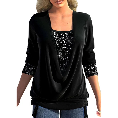 Womens Summer Tunic Tops Ladies Long Sleeve Sequins Shirts Blouse - Bild 13 von 19