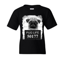    Pug Life Mugshot Youth T Shirt Funny Cute Pugs Puppy Dog lover Boys Girls tee