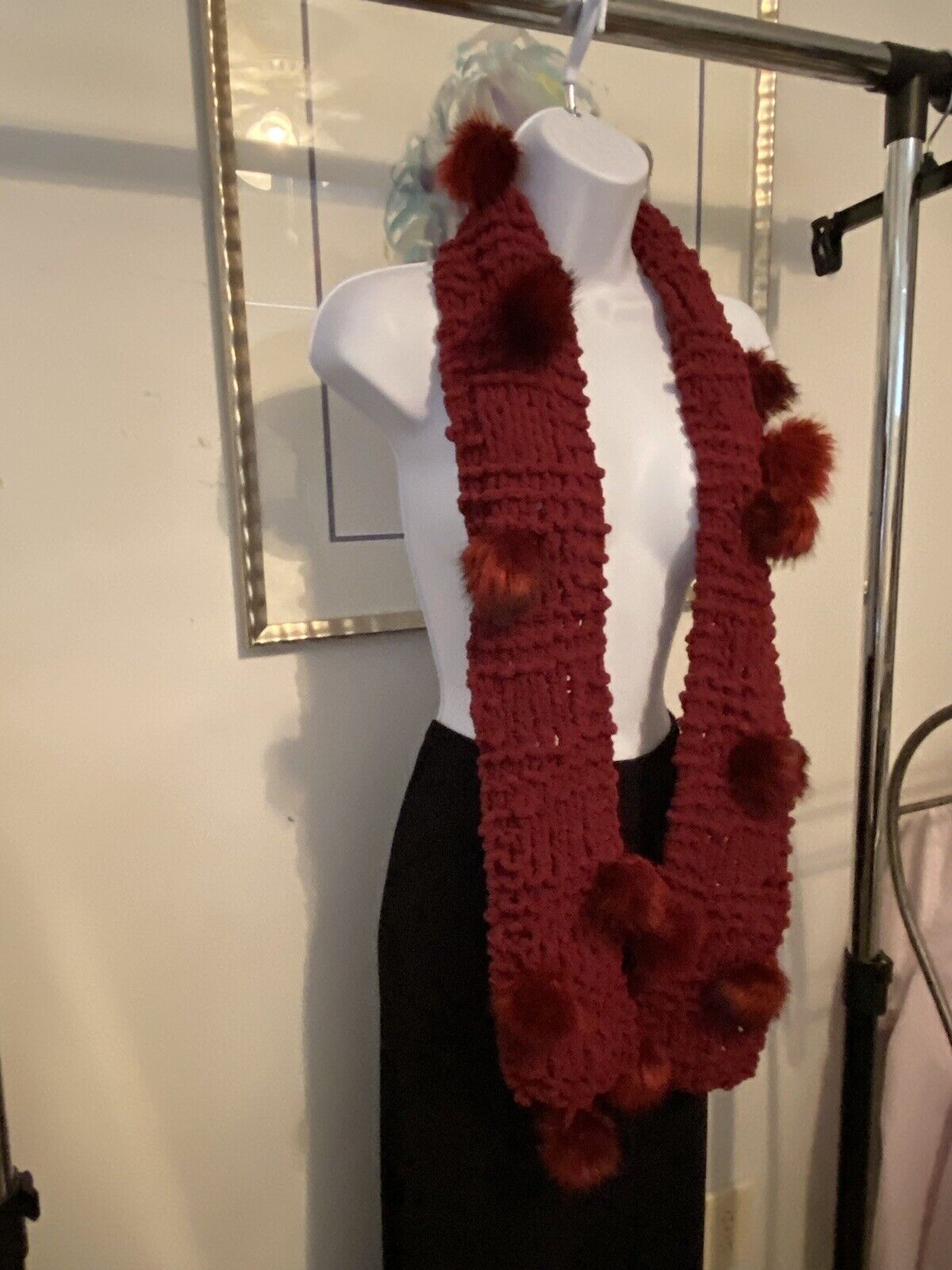 Crochet Knit Burgundy Scarf Boho 70’s Style With … - image 8