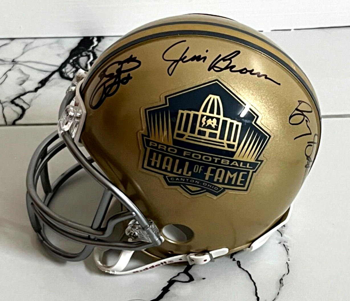 Barry Sanders Autographed Signed Detroit Lions Jim Brown Emmitt Smith GOLD HOF Mini Helmet Auto - PSA LOA 