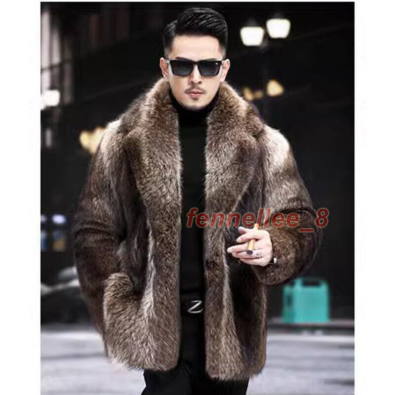 Lapel Men Faux Fur Winter Mid-length Fox Fur One-piece Mink Coat