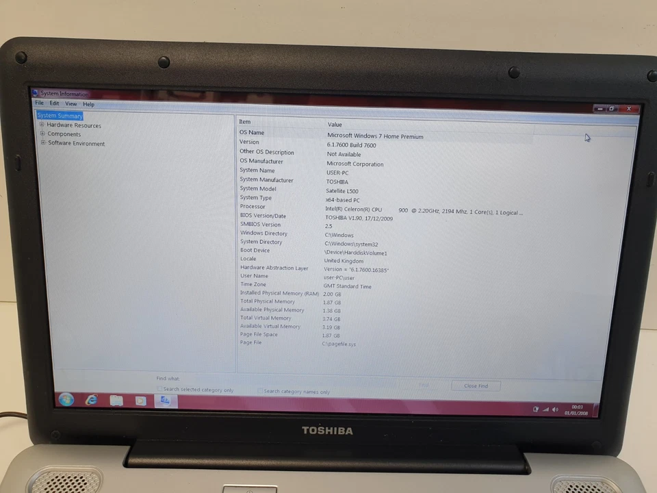 Toshiba Satellite L500-1XL Celeron 2.20GHZ 2GB 120GB HDD 15.4" - Image 3 of 4