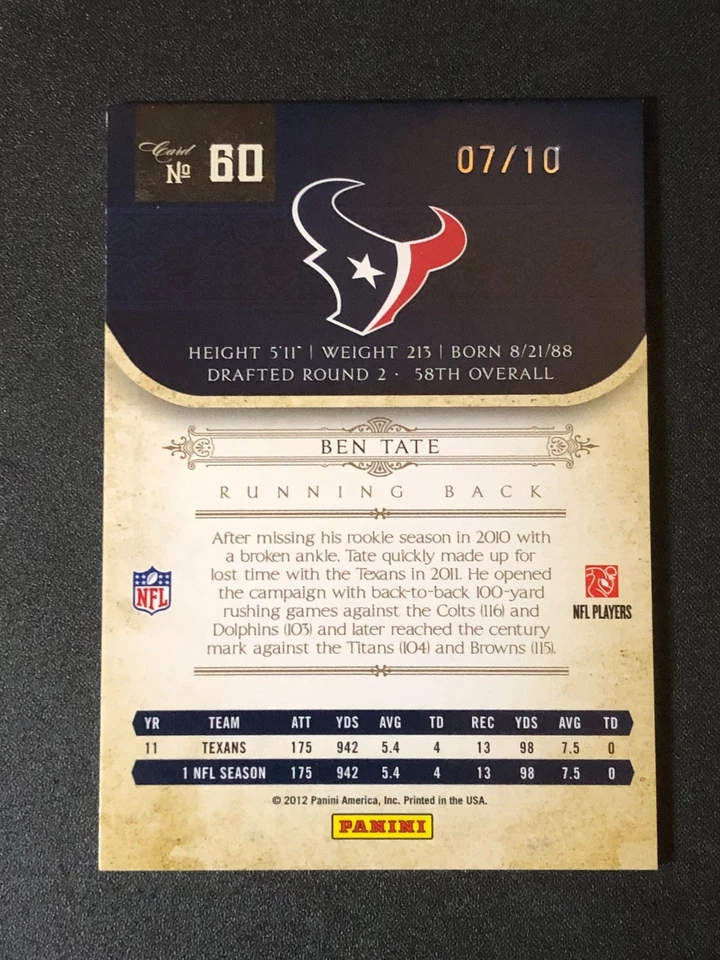 2011 National Treasures BEN TATE #60 Century Gold/10 TEXANS 🏈 Auburn TIGERS 🐯 - Image 2 of 2