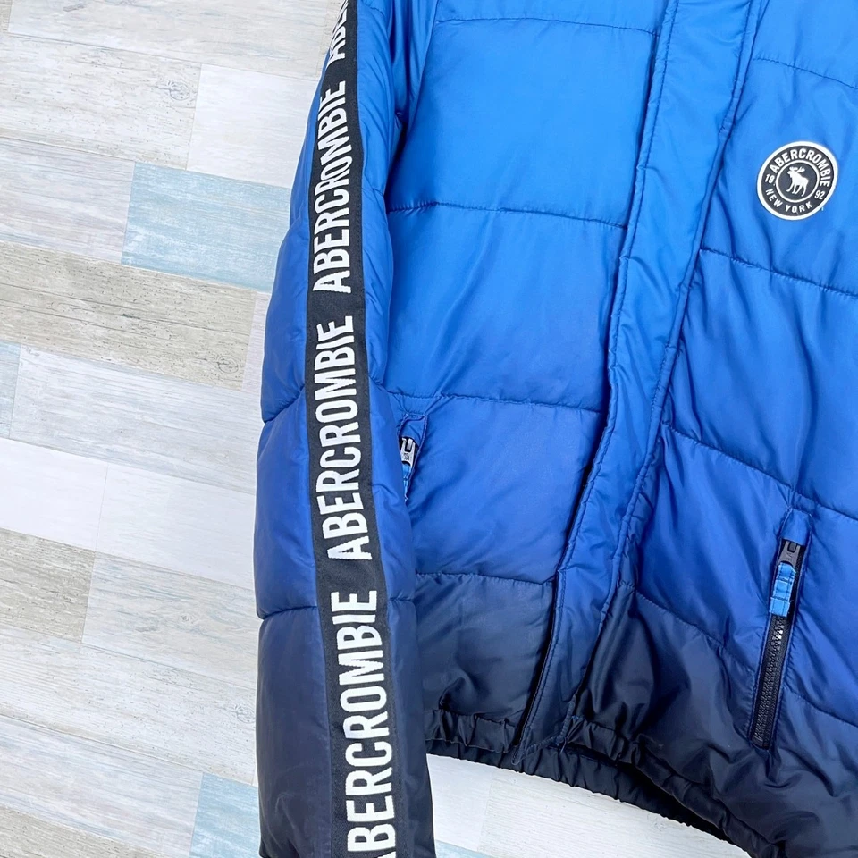 Abercrombie Kids Sherpa Lined Puffer Logo Stripe Jacket Blue Hooded Boys 15 16 - Image 4 of 4