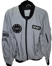 Pull & Bear Dayglo Grey USA Nasa Space Bomber Jacket Size Large 24" PTP Unisex