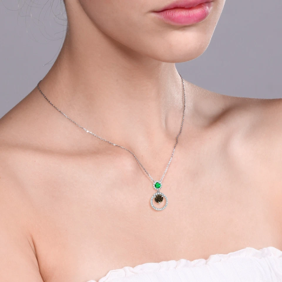 925 Sterling Silver Smoky Quartz and Nano Emerald Pendant Necklace For Women - Image 2 of 3