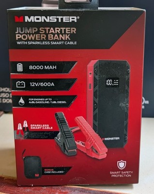 Monster 8000MAH Portable Jump Starter Power Bank w/ Sparkless Smart Cable - NEW