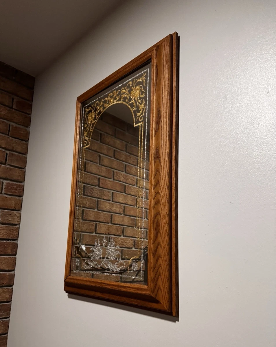 Vintage Wall Mirror Gold And Silver Etched Floral Design Faux Stained Glass