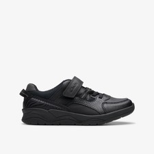 Clarks Boys Clowder Stripe Kid Black Leather Riptape,School Shoes Leather School