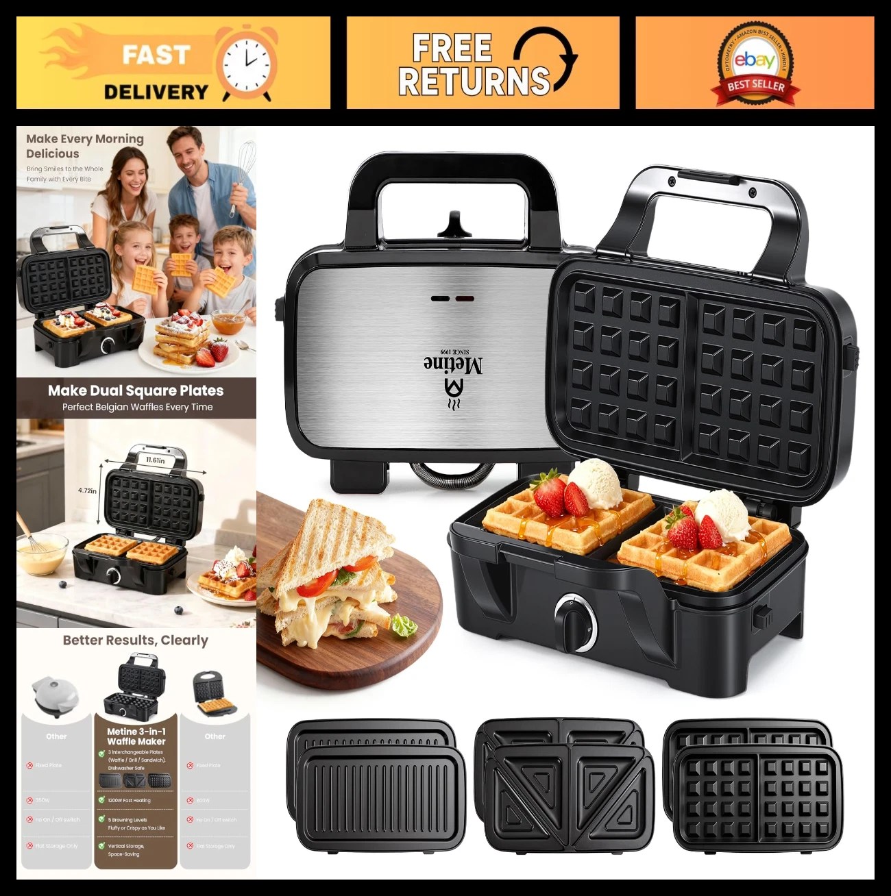 3-in-1 Waffle Maker & Sandwich Press, Removable Nonstick Plates, 5-Level Brownin