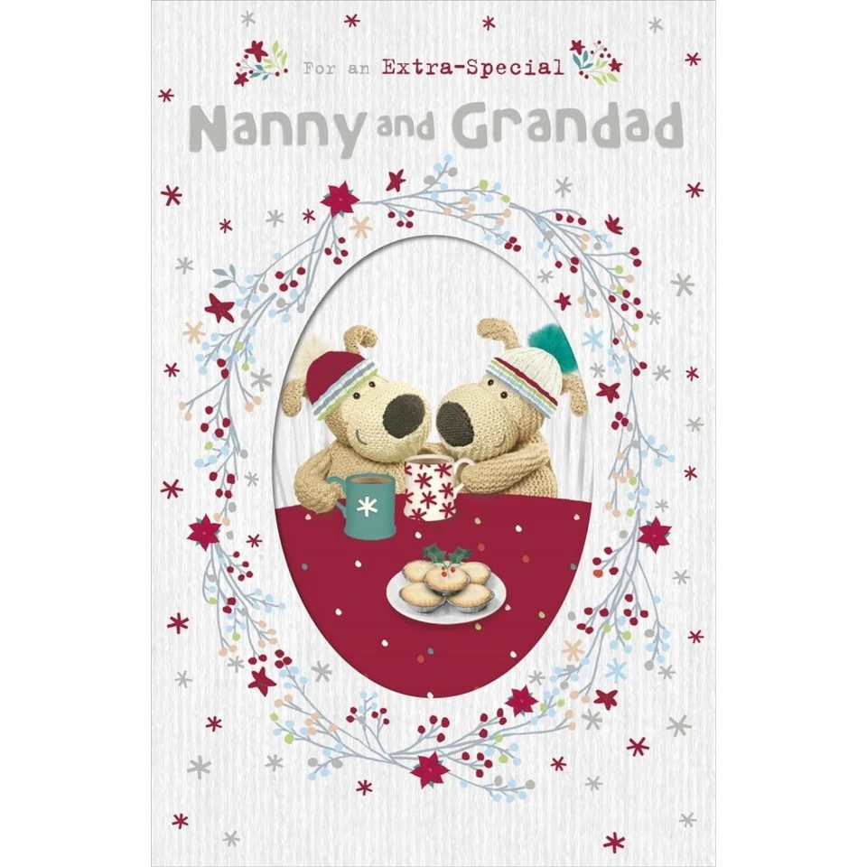 UK GREETINGS Boofles With Coffee Mugs Nanny and Grandad Christmas Card – Cute Festive Design