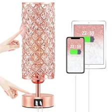 Hong-in Crystal Table Lamp - 3-Way Dimmable Touch Control, Rose Gold Bedside ...