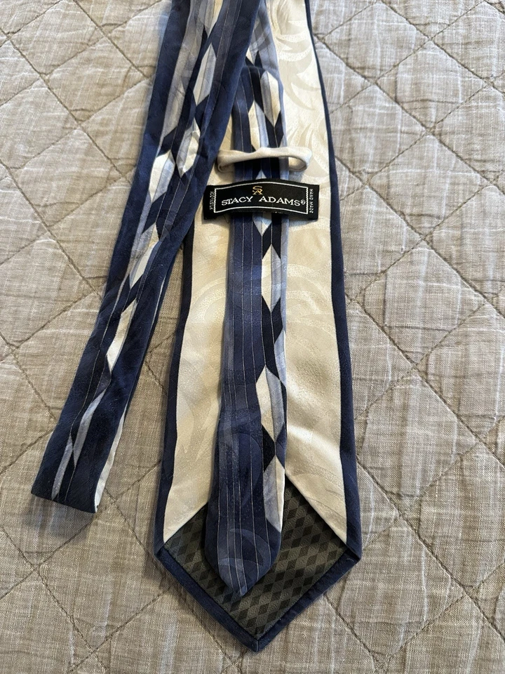 Stacy Adams 100% Silk Neck Tie Blue Handmade Art Deco Geometric - Image 3 of 4