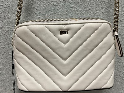 DKNY Quilted Chevron Crossbody Bag White Adjustable Chain Strap Logo Accent
