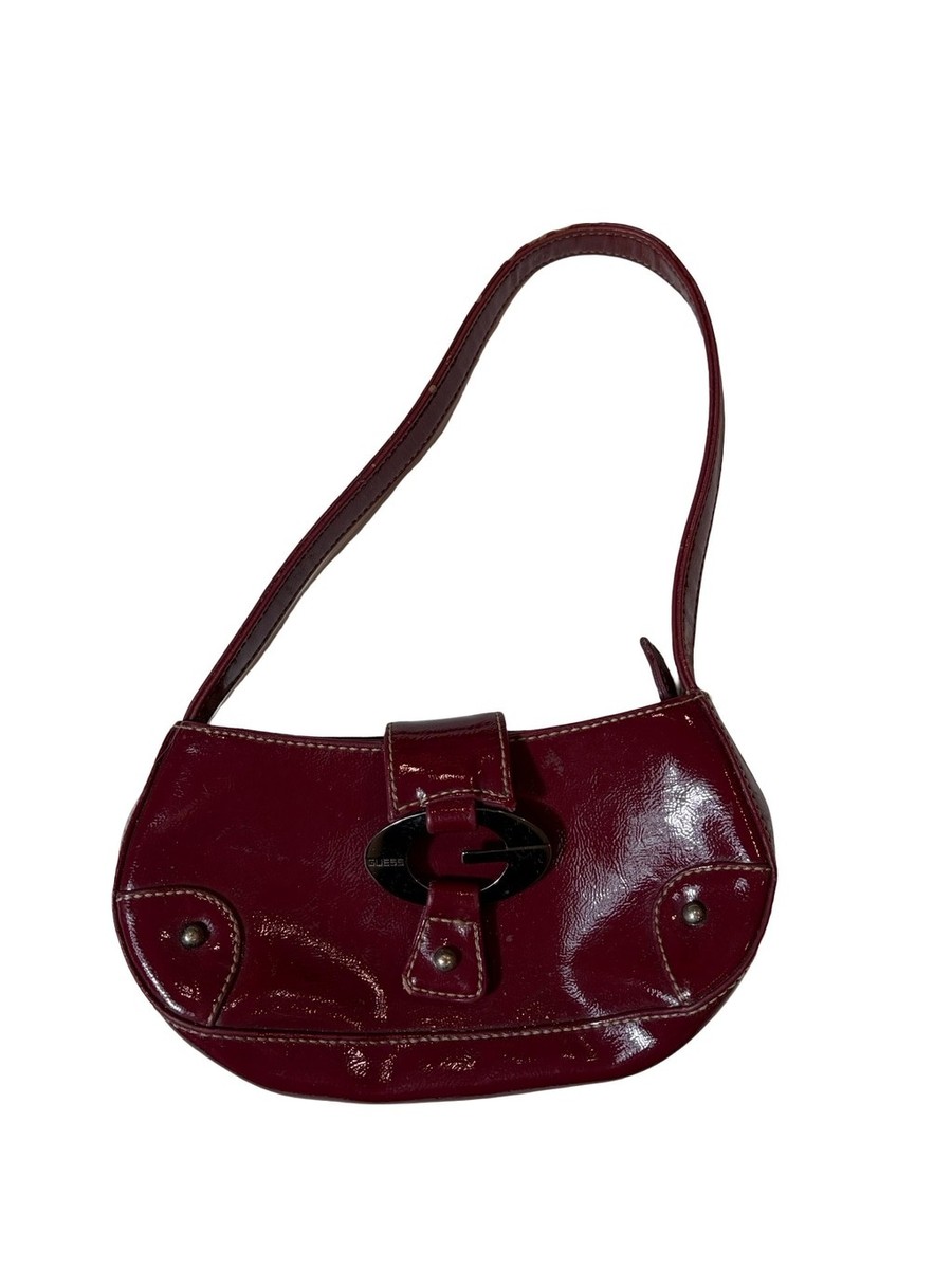 Vintage Guess Y2K Burgundy Patent Baguette Shoulder Bag G Logo Buckle Read