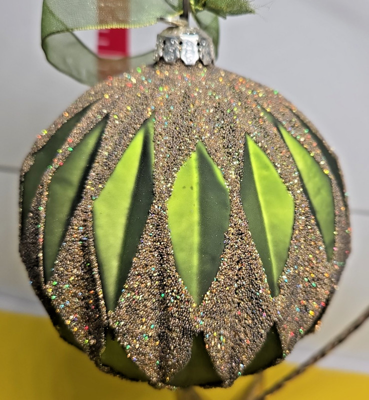 Frontgate Matte Green Round Ball Diamond Design Glass Christmas Ornament