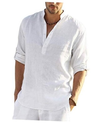 Men's Cotton Linen Henley T-Shirts Long Sleeve Hippie Casual Large 01-white