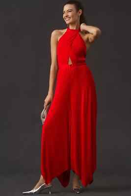 By Anthropologie Plisse Halter Jumpsuit new with tag size 10 red