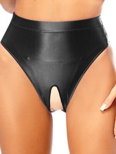 Women Shiny Satin Glossy High Waist Open Crotch Knickers Brief Underwear Panties