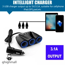 12-24V 3Way Car Cigarette Lighter Socket Splitter Dual USB Charger Power Adapter