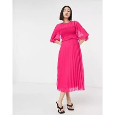 ASOS DESIGN Textured Pleated Shirred Midi Dress Hot Pink size 0 Smocked