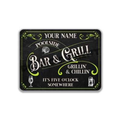 Personalized Poolside Bar And Grill Sign - Midnight Black and Green Sign
