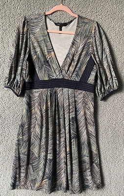 BCBGMAXAZRIA Dress MEDIUM Tropical Leaf Deep V-Neck Slinky