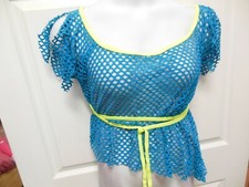 Turquoise Open Hole Mesh Cap Sleeve Tie Dance Top neon binding Adult Large
