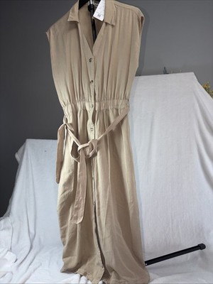 Thread Supply Sleeveless Belted Midi dress Medium Khaki Cottagecore Boho Elastic