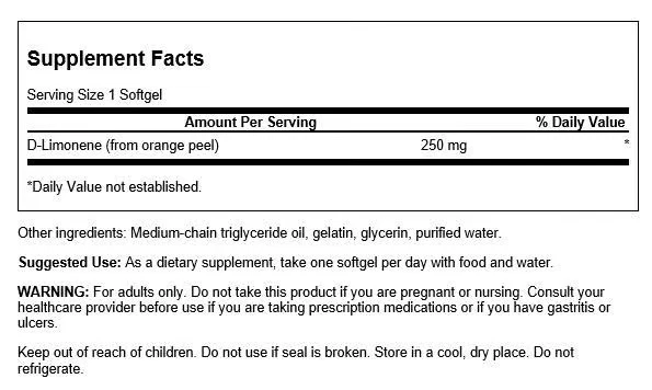 Extracto de cáscara de naranja prensada en frío Swanson D-limoneno 250 mg 60 cápsulas blandas Foto 2 de 4