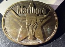 Vintage 1987 Philip Morris Marlboro Solid Brass -Belt Buckle with Bull and Star