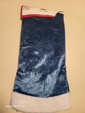 Blue swirl velvet shiny Christmas tree skirt w/ white fur trim Round 38" NEW