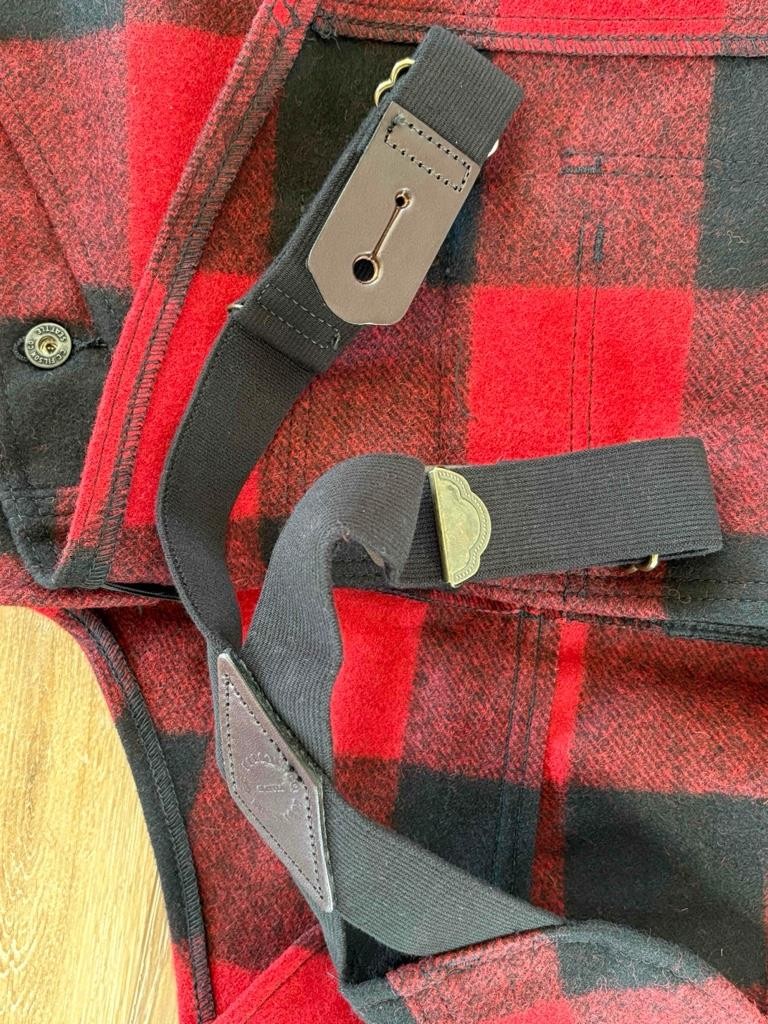 Filson Mackinaw Wool Bib Overall 36 Red Black Buffalo Plaid Made in USA Unhemmed image 8