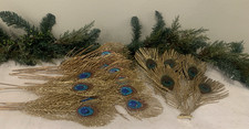 Gold Glitter Peacock Feather Ornaments Sprays Lot of 22
