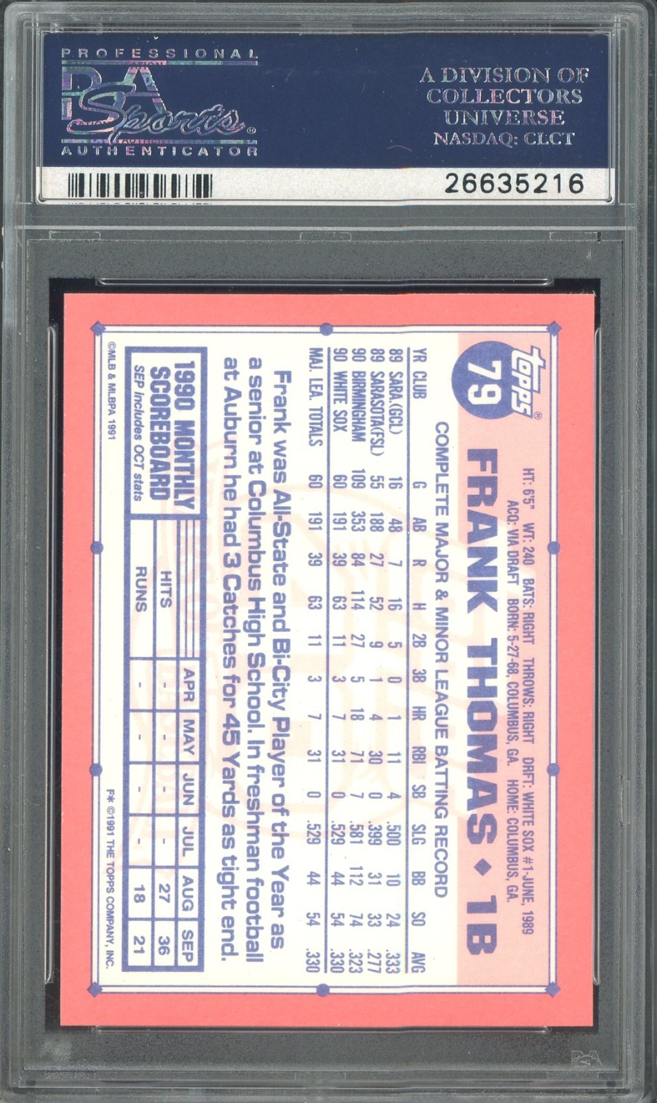 1991 Topps Tiffany #79 Frank Thomas Chicago White Sox HOF PSA 10 GEM MINT view 2