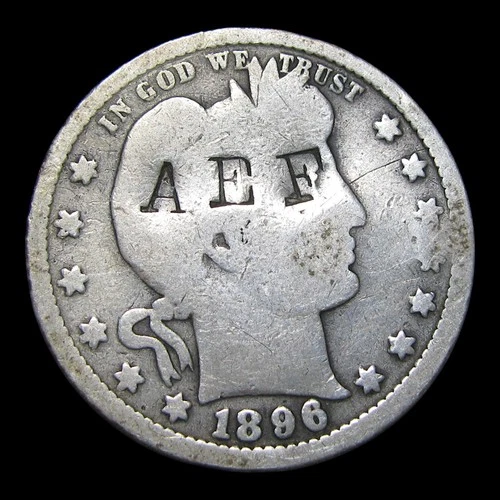 1896 Barber Quarter Countertamped AEF Silver ---- Nice Coin ---- #KK289