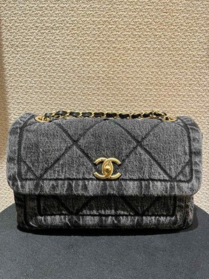 Auth BNIB Chanel 25k Black Dark Denim Flap Bag Aged Antique Gold